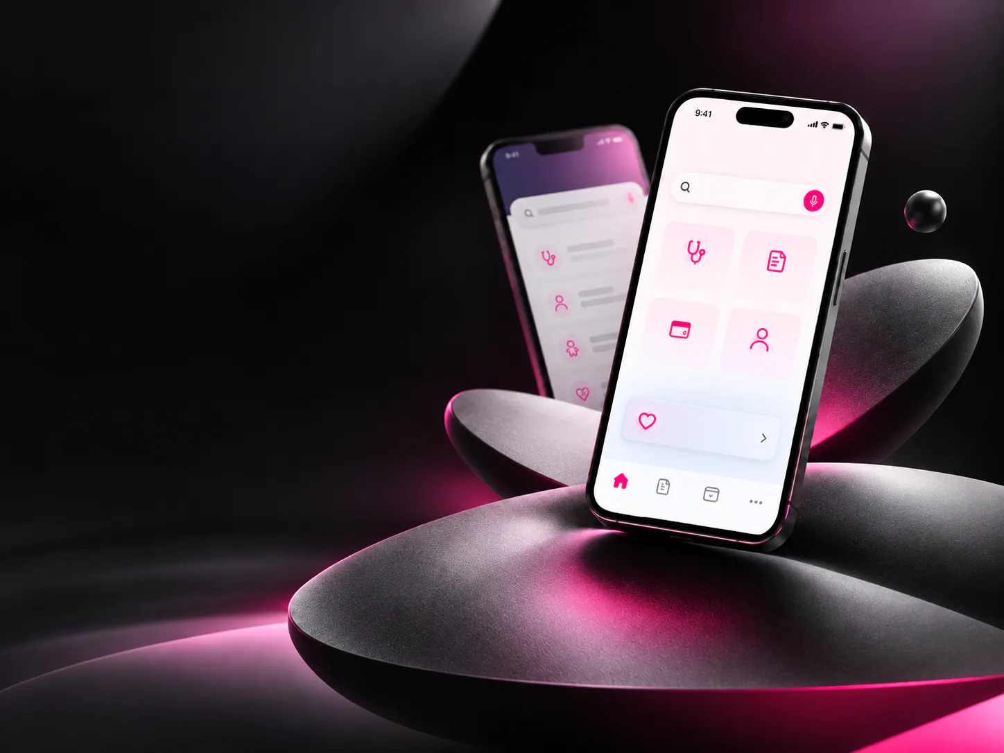 Amil app interface on a dark sculptural stage with pink accents.