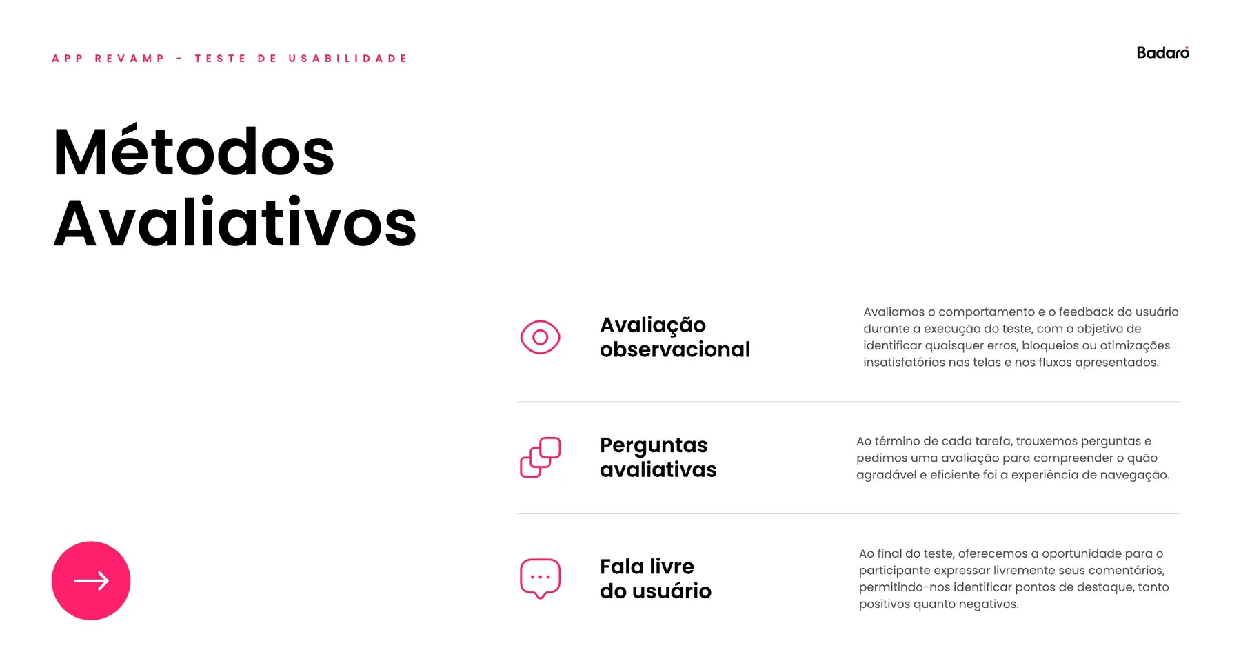 Relatório original slide descrevendo observação, perguntas após cada tarefa e feedback aberto do participante.