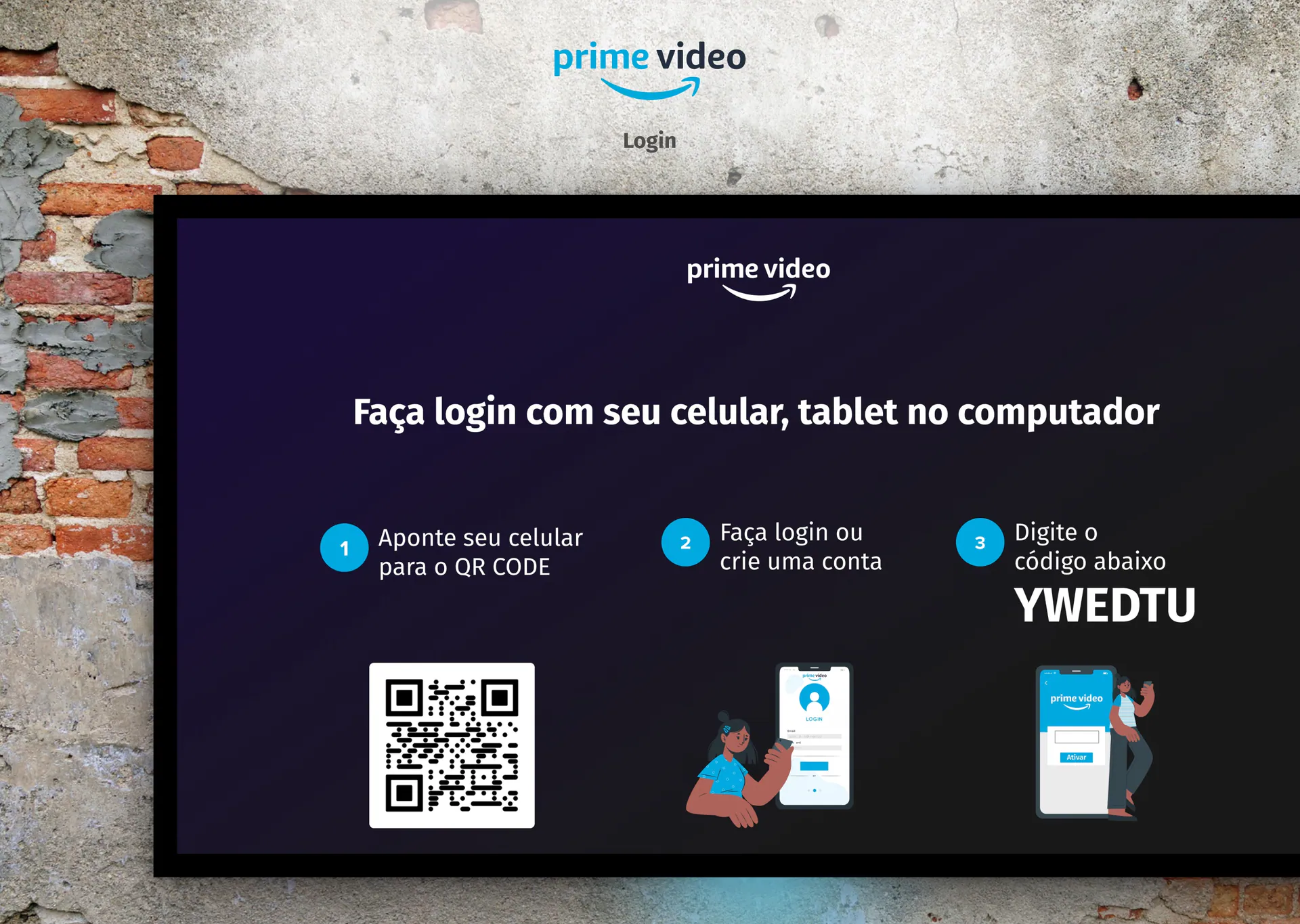 Tela de entrada de televisão usando um telefone e código QR em vez de digitação de controle remoto.