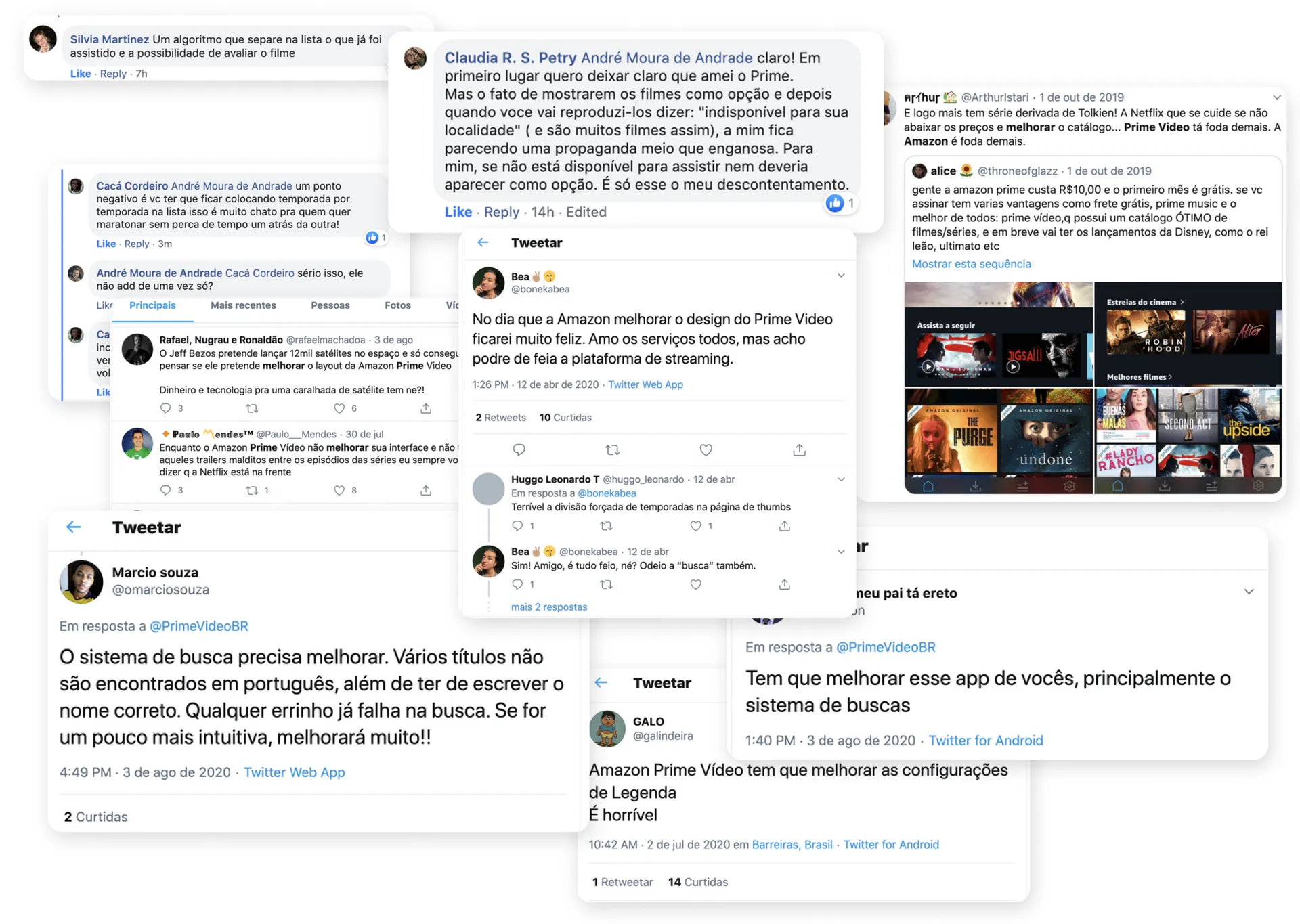 Coleta de posts de mídia social descrevendo frustrações de assinantes com Amazon Prime Video.