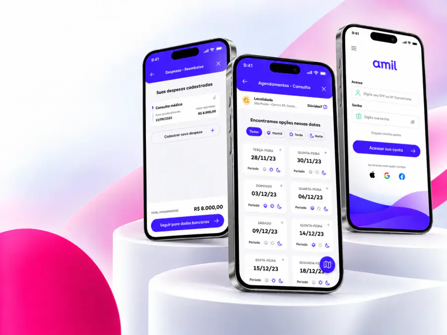 Three Amil Clientes app screens showing reimbursement, appointment scheduling and account access.