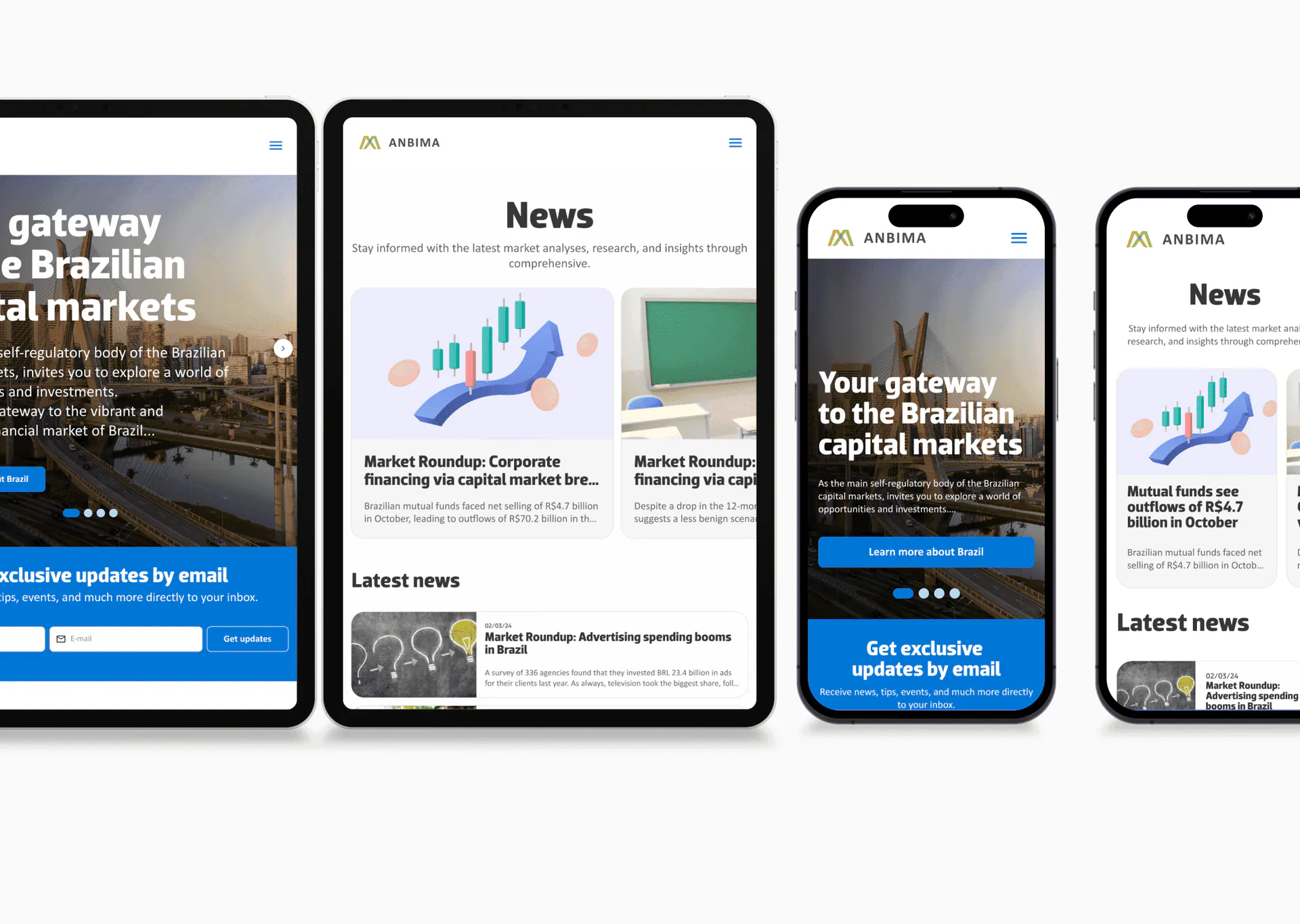 O protótipo internacional do site da ANBIMA em todos os dispositivos.