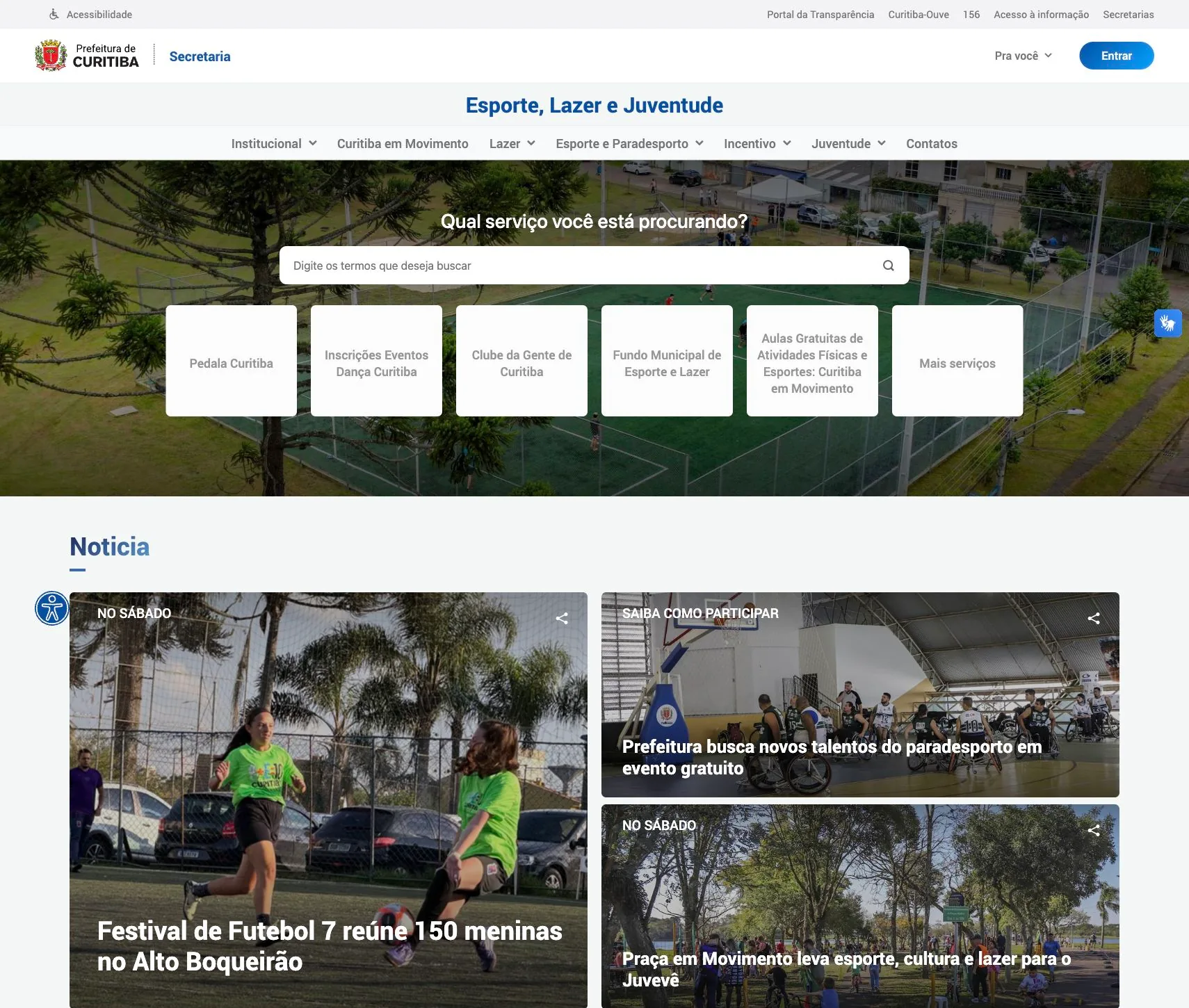 Portal esportivo de Curitiba com busca, atalhos de serviço e notícias esportivas.