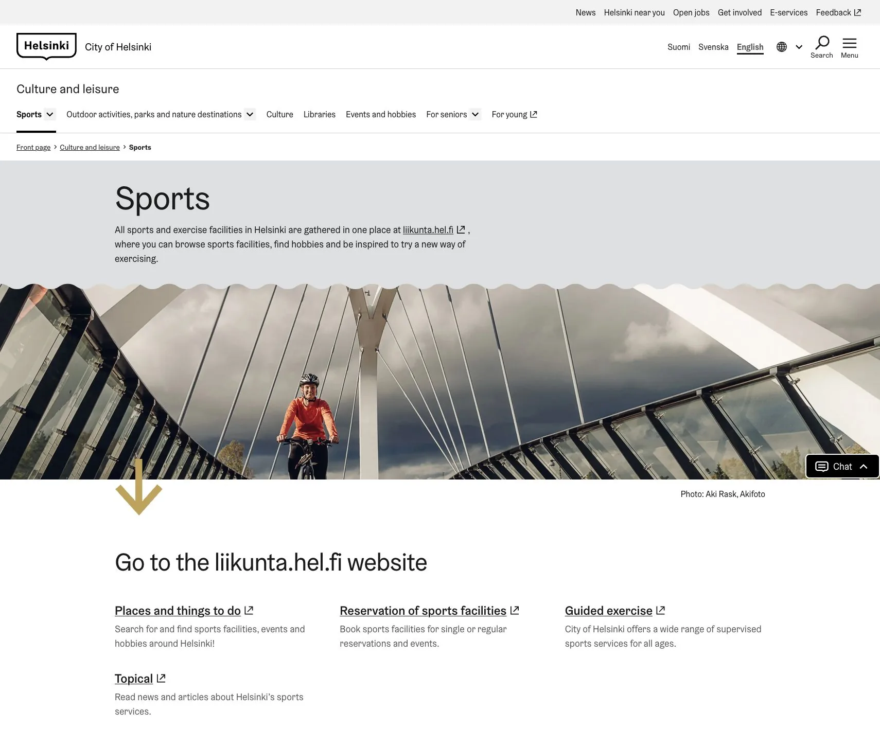Cidade de Helsinque página esportiva com um cabeçalho editorial e links diretos para serviços esportivos.