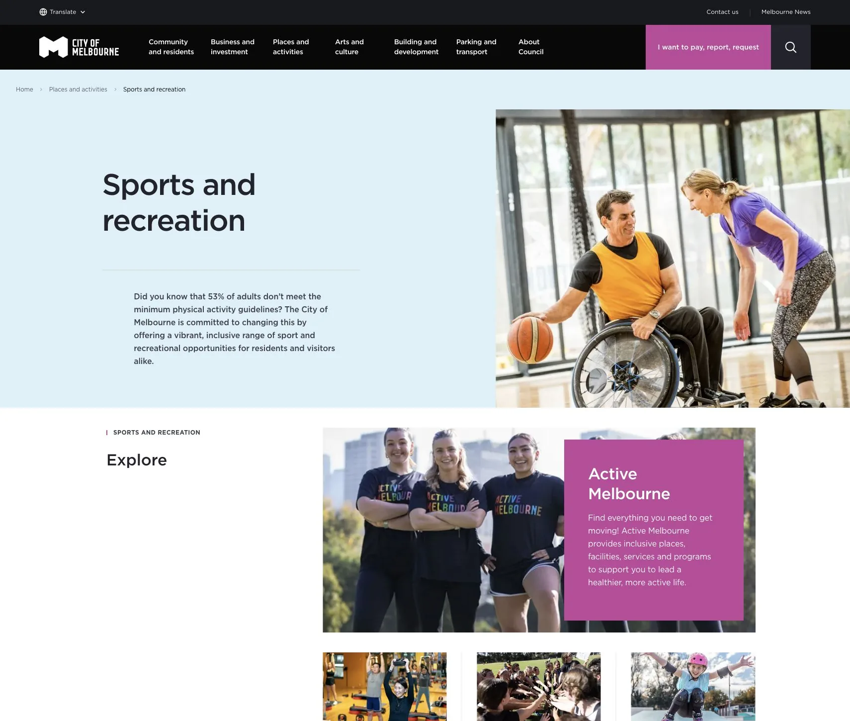 Cidade de Melbourne página de esportes e recreação com fotografia inclusiva e conteúdo modular.