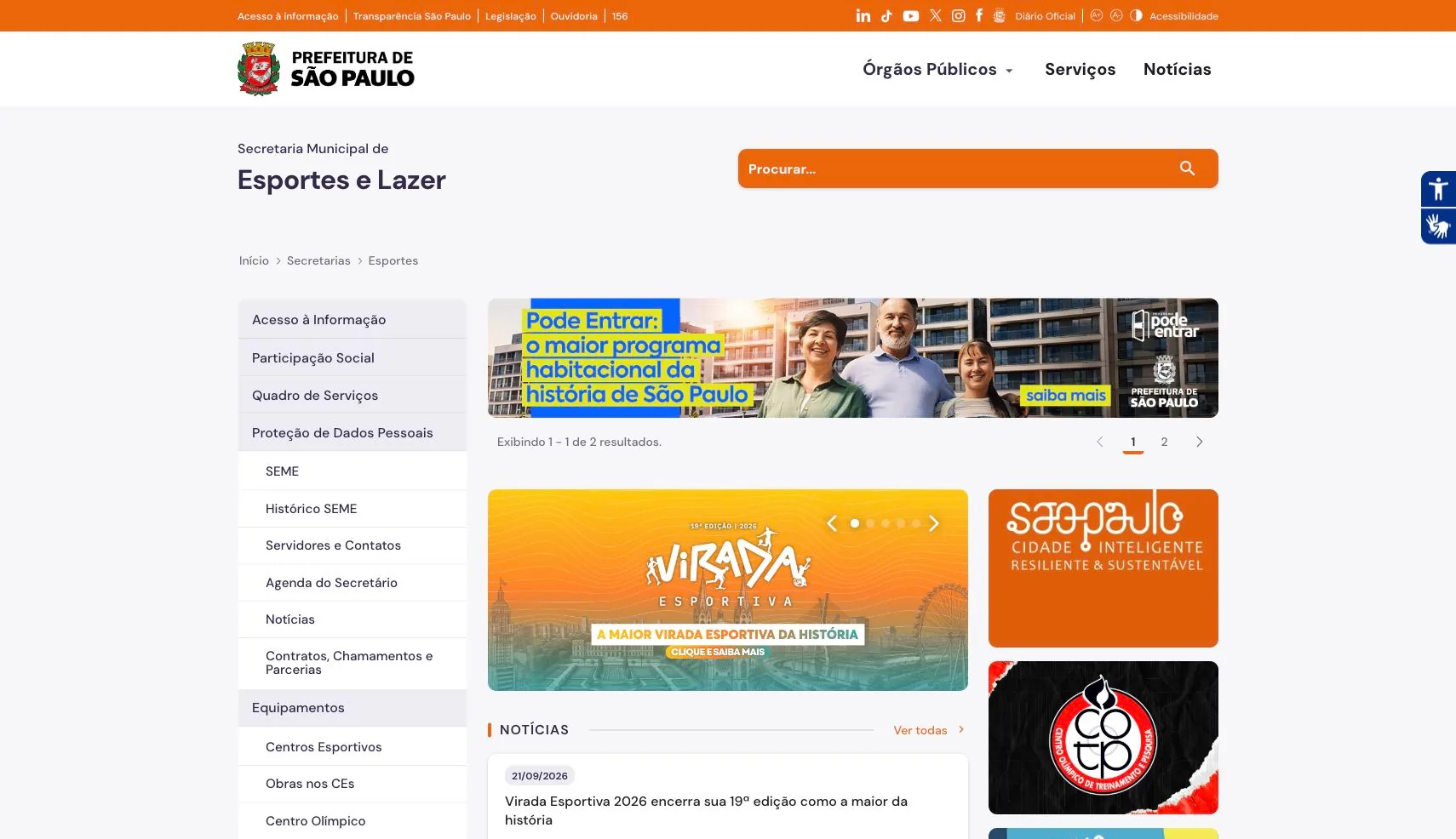 Portal oficial atual SEME mostrando um menu de navegação à esquerda, banners e notícias.