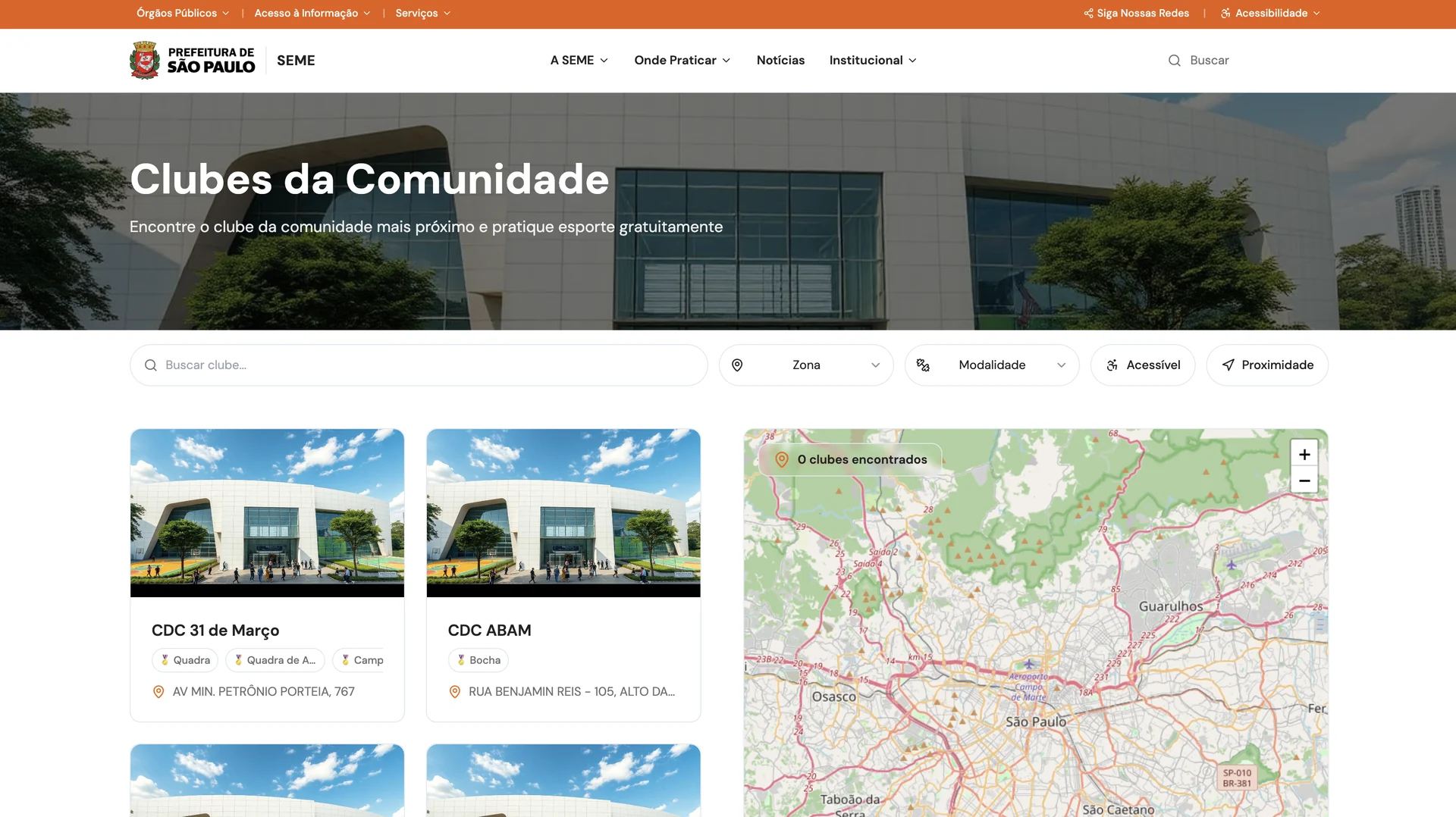 Página de clubes comunitários protótipo com filtros, cartões de clube e um mapa.