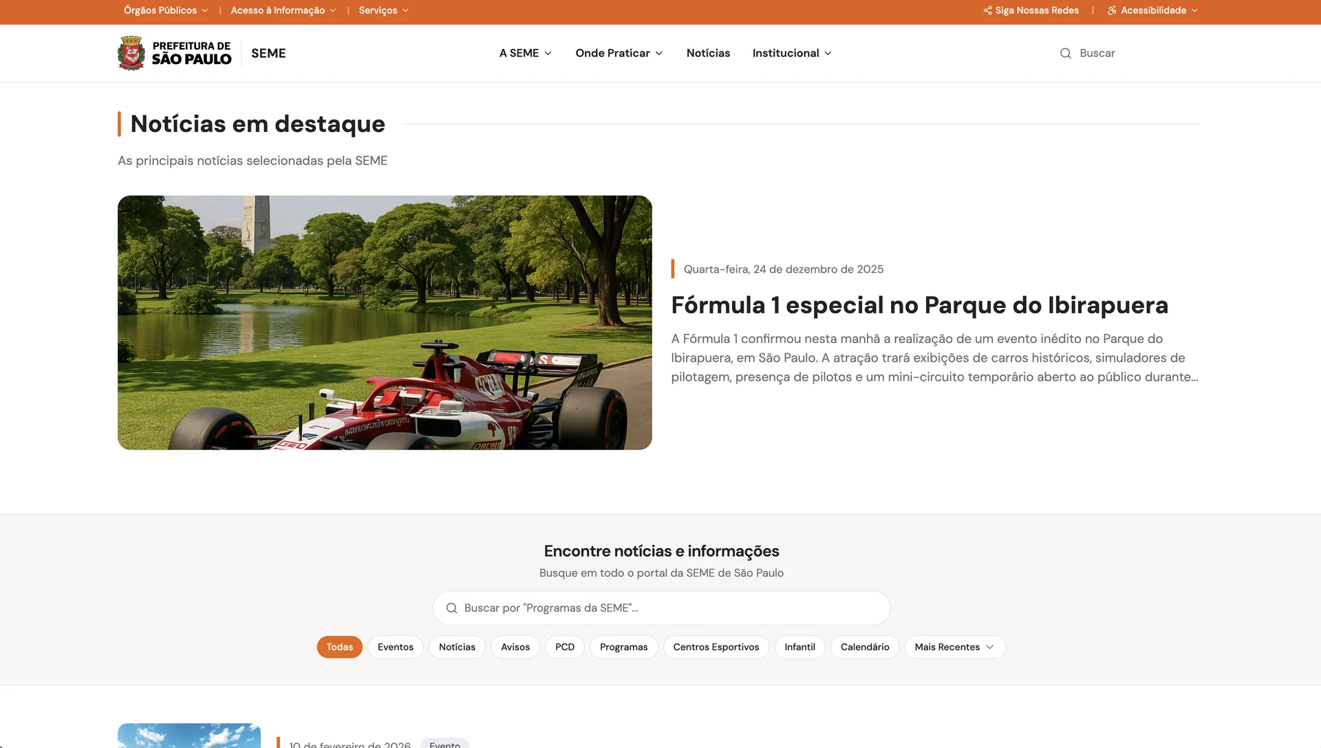 Página de notícias de protótipos com histórias proeminentes, pesquisa e filtros de tópicos.