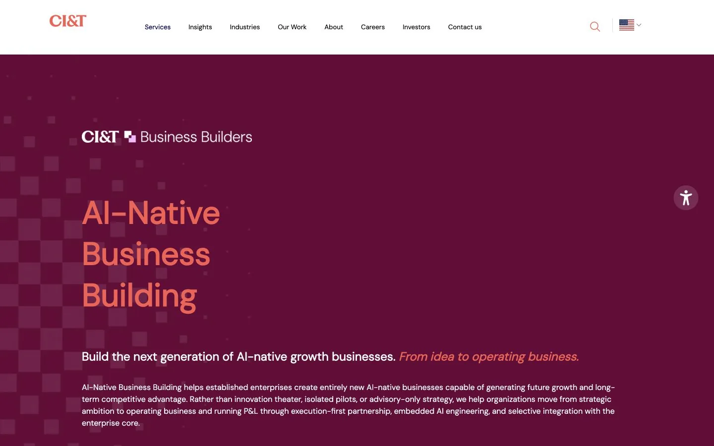 Página da CI&T Business Builders com um herói burgundy e manchete do AI-Native Business Building.