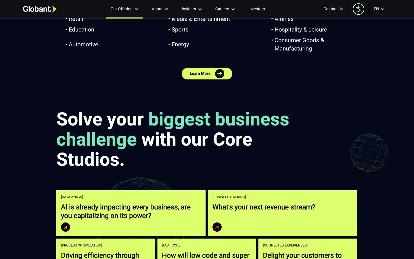 Página de serviços Globant apresentando Core Studios através de um título e cartões de serviço.