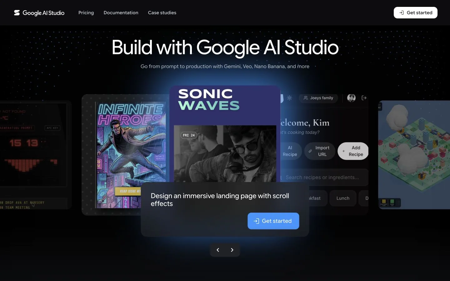 Google AI Studio landing page com uma interface escura, galeria de projetos animados e um prompt de construção proeminente.