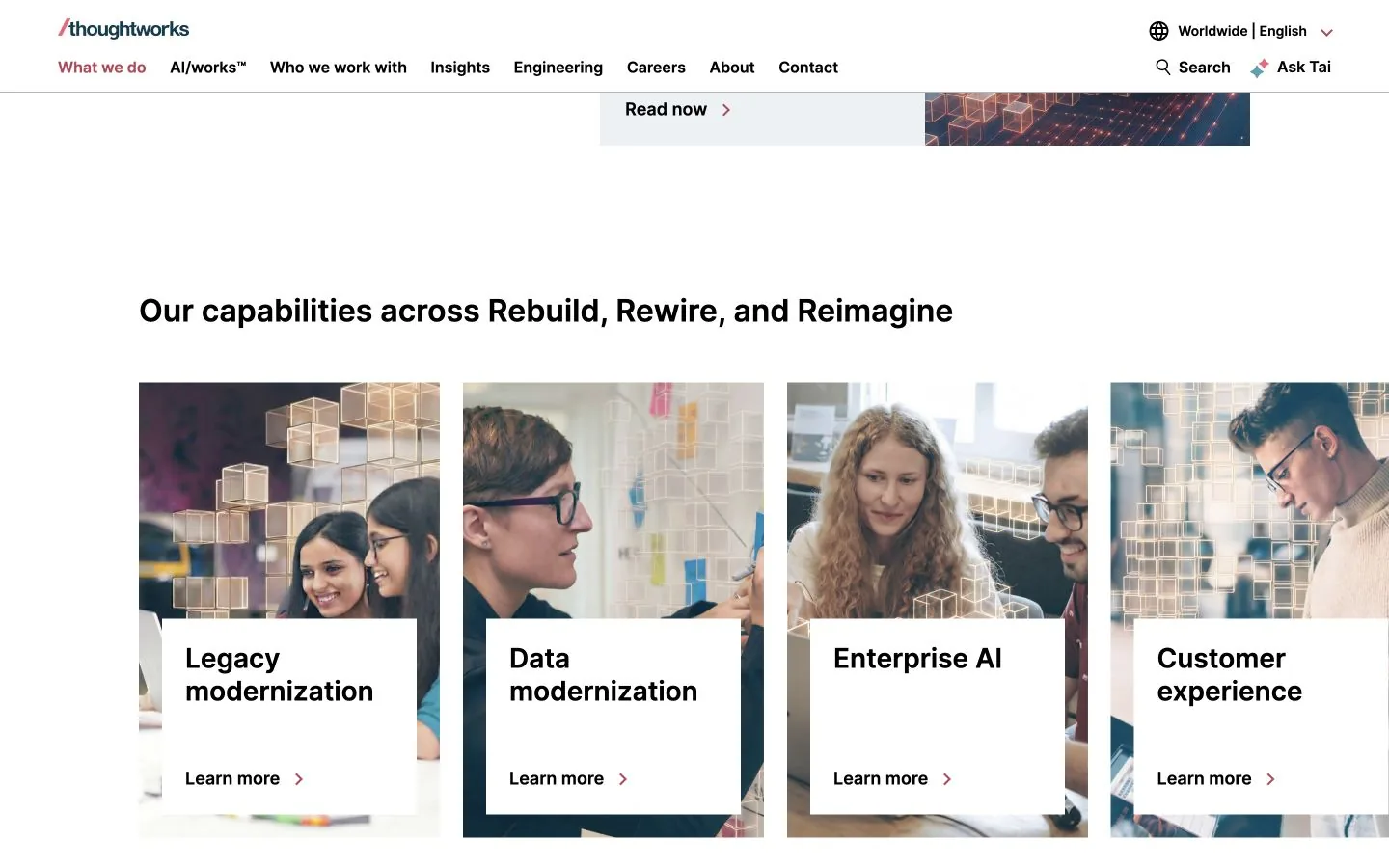 Página de recursos Thoughtworks mostrando cartões para modernização, IA empresarial e experiência do cliente.