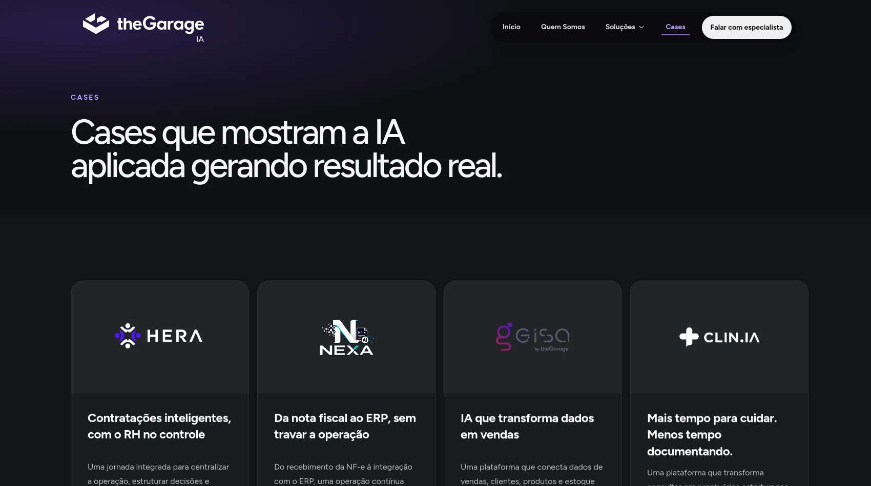 Imagem da página de Casos de Garagem IA com quatro cartões de caso IA abaixo do título da página.