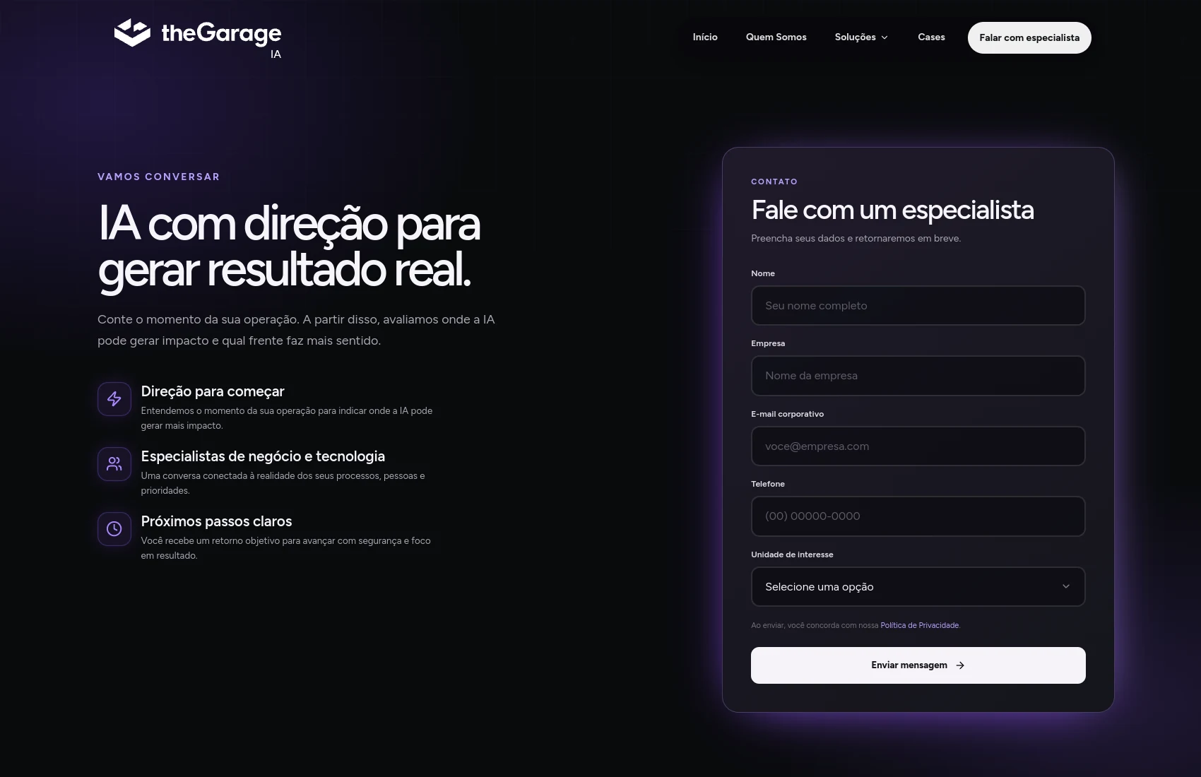 Imagem da página de contacto daGarage IA com o seu formulário especializado e três razões para iniciar uma conversa.