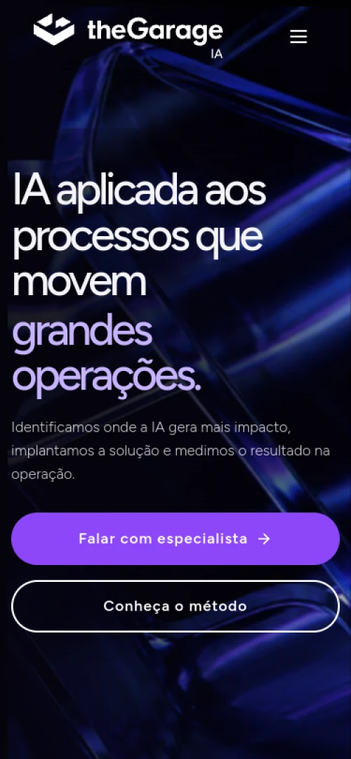 Imagem móvel da página inicial daGarage IA mostrando a navegação responsiva, título e chamadas para ação.